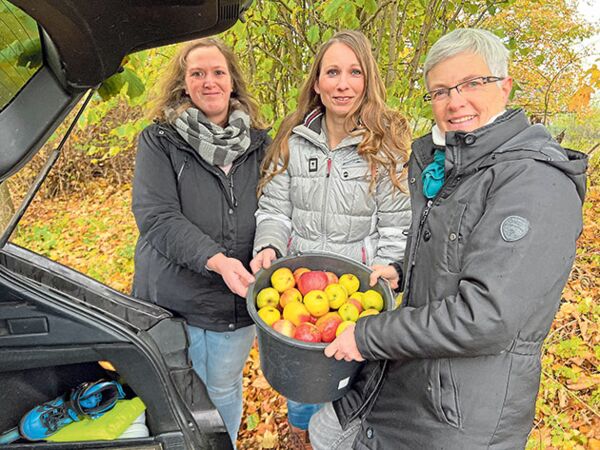 In diesem Jahr haben Verena Müller, Kristin Schmerse und Silke Warnsholdt (v.li.) besonders viele Äpfel und auch Pflaumen gesammelt und über Foodsharing, aber auch an Bekannte und Freunde, verteilt. Foto: ohe